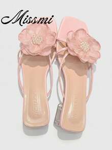 2025 Summer New French Thick Heel Faux Pearl Flower Strap Sandals, Open Toe Versatile Mid-Heel Slippers For Women - Pink - View 7