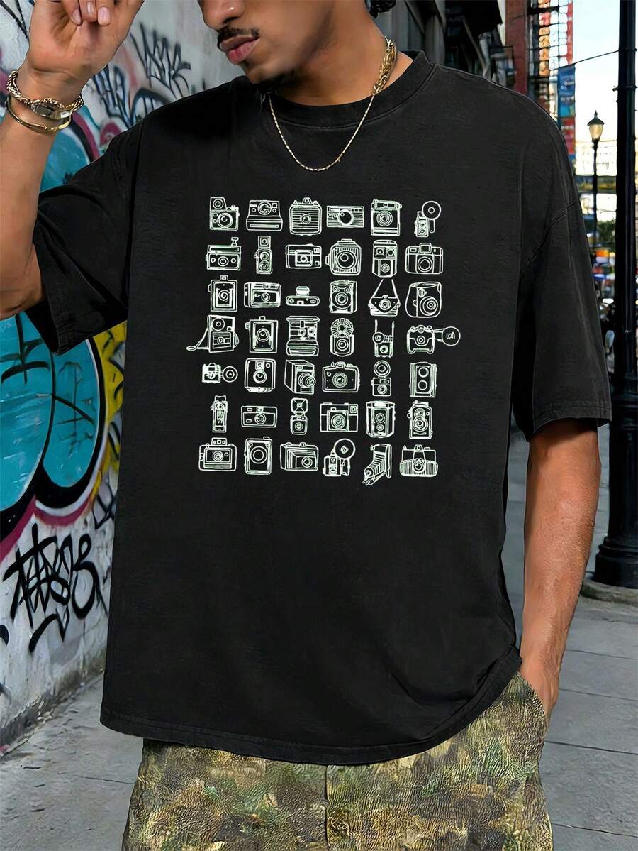 T-shirt vintage con grafica di una macchina fotografica, casual, traspirante, stampa grafica unica, novità - nero - Visualizzare 1