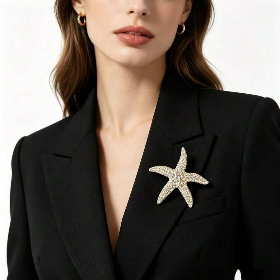 Broche de estrella de mar con strass brillante estilo vacaciones para mujer, pin decorativo versátil para vestido y traje - estrella de mar - Ver 1