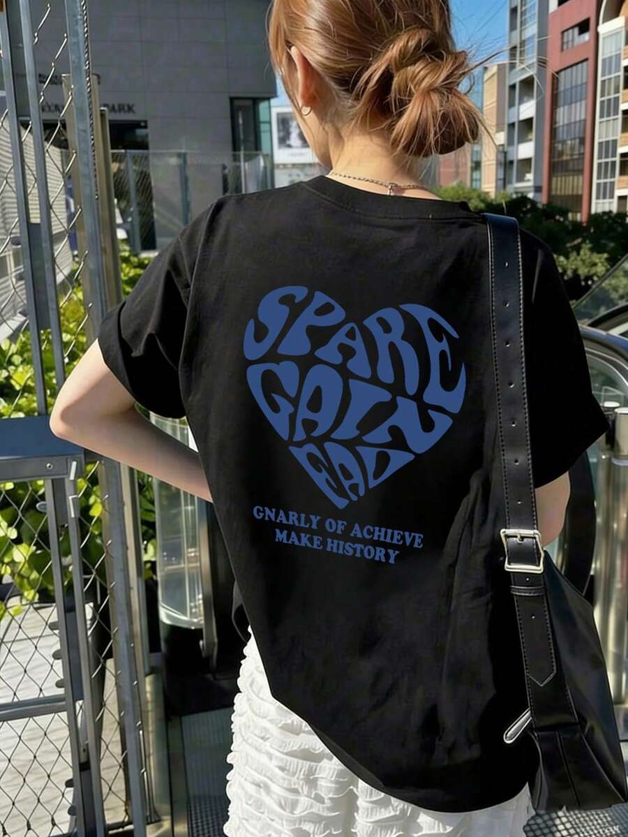 女款時尚春夏寬鬆圓領簡約百搭字母愛心印花短袖T恤夏季上衣 - 黑色 - 查看 1