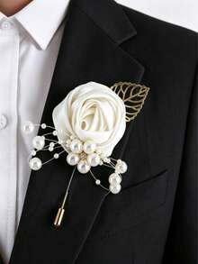 1 buah Boutonniere Pengantin Pria Motif Mawar Sampanye dengan Pita Daun Emas Mutiara, Tersedia Berbagai Pilihan Warna, Cocok untuk Pengantin Pria dan Pendamping Pengantin Pria - MultiWarna - View 8