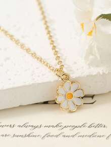 1pc Enamel Daisy Flower Pendant Necklace, Gold/Silver Plated Alloy Chain Necklace For Women, Casual Daily Wear Jewelry - Daisy Pendant - View 2