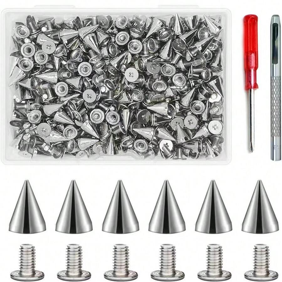 100 Sets Cone Spikes Metal Tree Spikes Screwback Studs For DIY Leathercraft Decoration Punk Rock Style Clothing Accessories (Silvery) - Boxed Silver 100Pcs Set - View 1