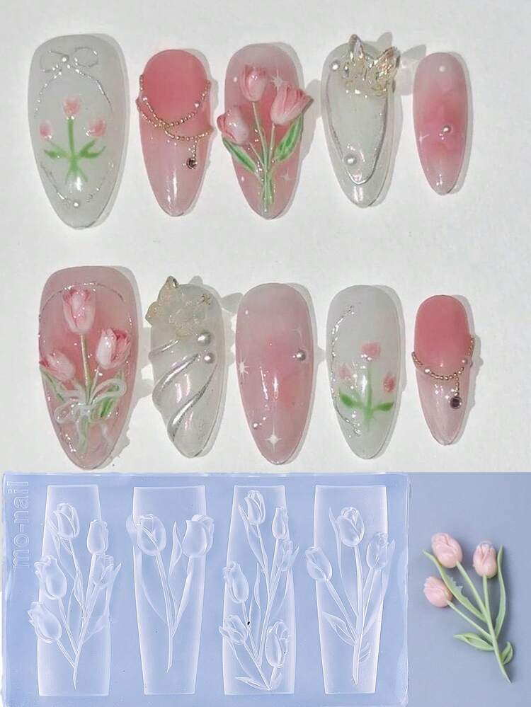 1/2 Pieces -3D Silicone Nail Carving Mold For Tulip And Horseshoe Lotus Design, DIY Nail Tools And Templates For Spring And Summer, DIY Nail Accessories For Women - Clear - View 6