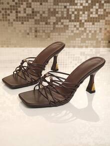 2026 Premium Vintage Woven Metal Buckle Open Toe Square Toe High Heel Sandals For Women Summer Outdoor Wear - Brown - View 11