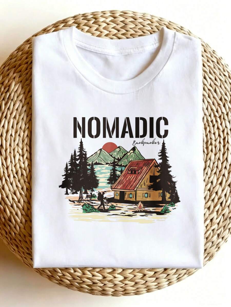 Unisex T-Shirts 220g Cotton Round Neck Short Sleeve White Nomadic Cabin Mountain Forest Sunset Print Casual Outdoor Summer Print T-Shirt S-XXXXLhawaii Outfits - White - View 1