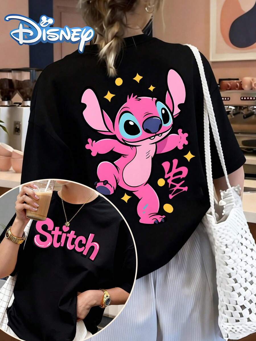 Disney-Licensed Lilo & Stitch Pink Stitch Front-And-Back Print T-Shirt: Cute, Cartoon-Style, Casual, Loose-Fit, Versatile Short-Sleeve Top - 黑色 - 查看 1
