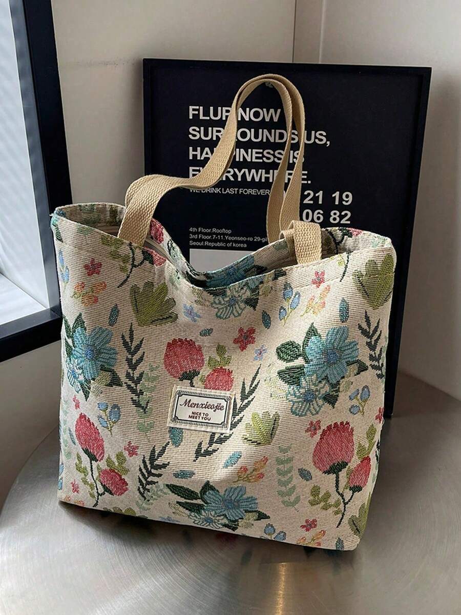 1 Piece Large Capacity Shoulder Bag, With A Unique Floral Print Design In Ins Style, Zipper Closure. This Ladies' Handbag Adopts A Minimalist And Multifunctional Japanese Design, Suitable For The Office, School, Commuting And Daily Use. Recommended As A Gift For Work, Holidays, Birthdays, It Can Also Be Used As A Travel Bag, Diaper Bag, Shopping Bag Or Lightweight Storage Bag. - 黑色 - 查看 1