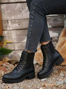 Women's Combat Lace Up Short Ankle Booties With Inside Zipper - Black - View 3