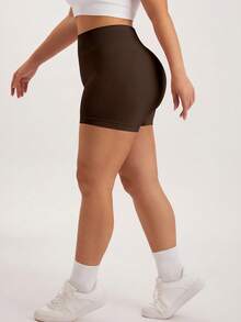 NcmRyu 1 pieza de shorts deportivos de talla grande para mujer, unicolor, con fruncido en la espalda y ajuste ceñido - Marrón Mocha - Ver 3