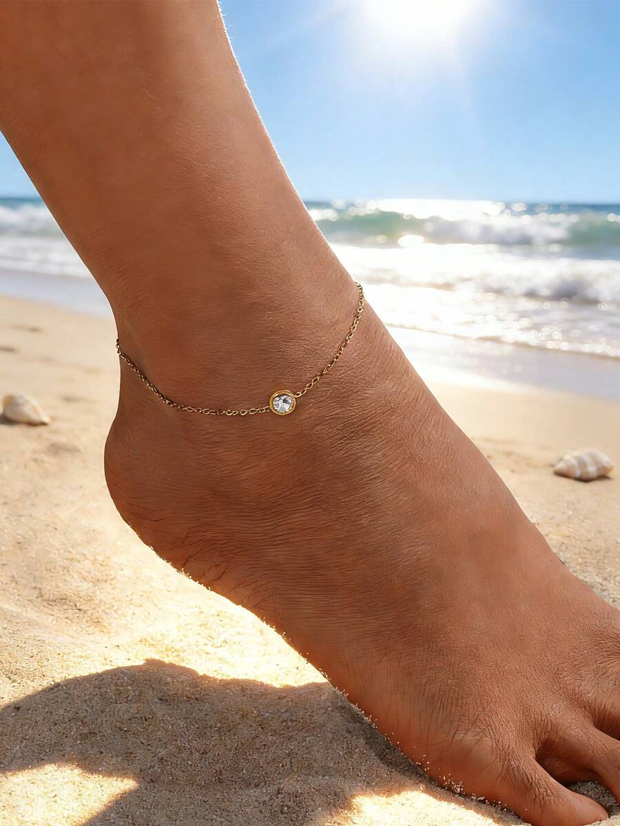 MONALLY Lắc chân nữ bằng thép không gỉ mạ vàng 18K đính đá Cubic Zirconia, thiết kế mảnh mai thời trang, chống nước, phong cách tối giản, trang sức mùa hè đi biển, phụ kiện hoàn hảo cho kỳ nghỉ và đeo hàng ngày - vòng chân - Xem 1