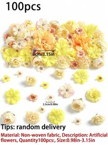 100入混色迷你人造花頭套組，適用春夏，DIY花束製作材料。包含玫瑰、雛菊與牡丹。適合婚禮與訂婚花藝裝飾、居家佈置、新娘花束、腕花、桌上中心裝飾、花環及主題派對裝飾。四季皆適用。 - 黃色系 - 查看 8