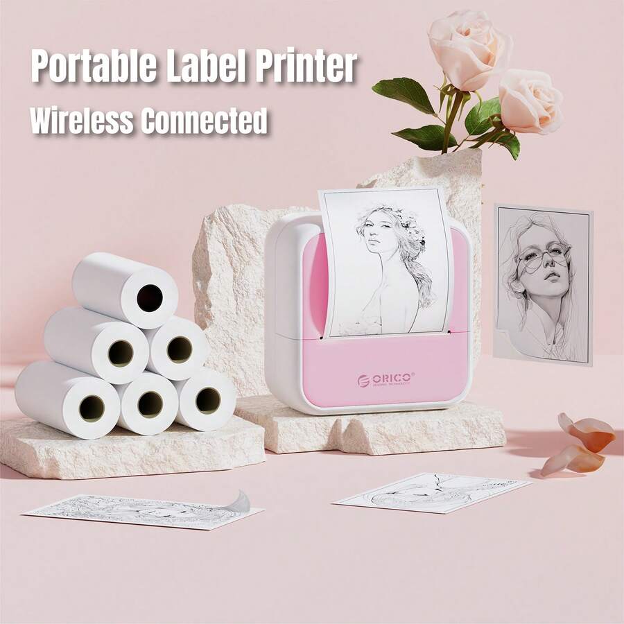 ORICO Portable Label Maker, Desktop Photo Printer, Mini Label Printer, Comes With 56mm Continuous Sticker*6, Wireless Connection, Inkless Printing, Suitable For Printing Images, Photos, Diaries, Ideal For Back To School DIY