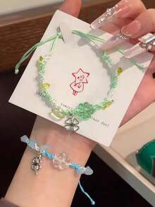 2pcs Ins Style Fresh Woven Clover Pendant Bracelet Bangle For Couples And Best Friends - Blue-green - View 3