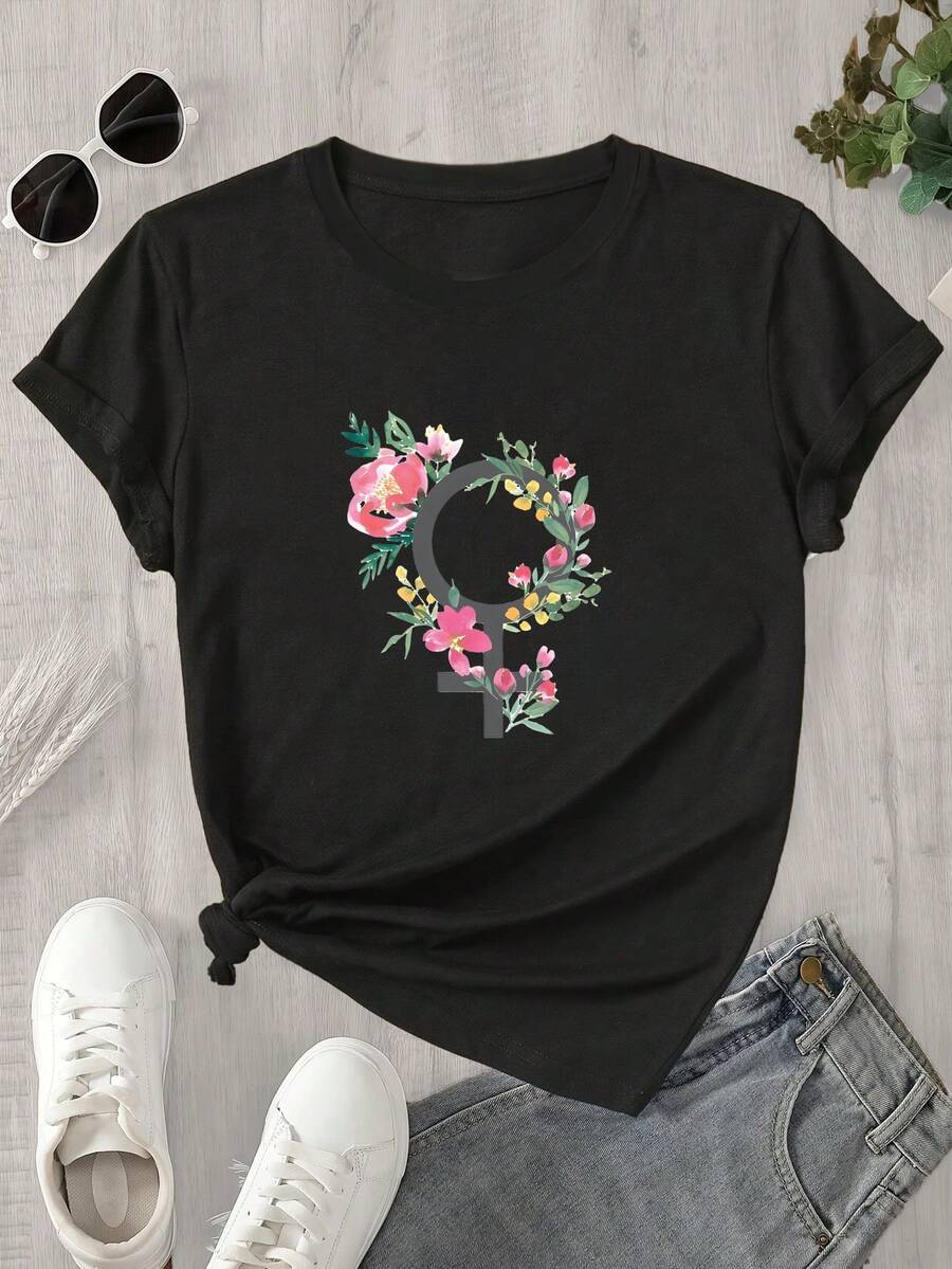 Top de mujer de manga corta y cuello redondo con estampado floral y de hojas, símbolo de feminidad, ideal para todas las estaciones. - Negro - Ver 1