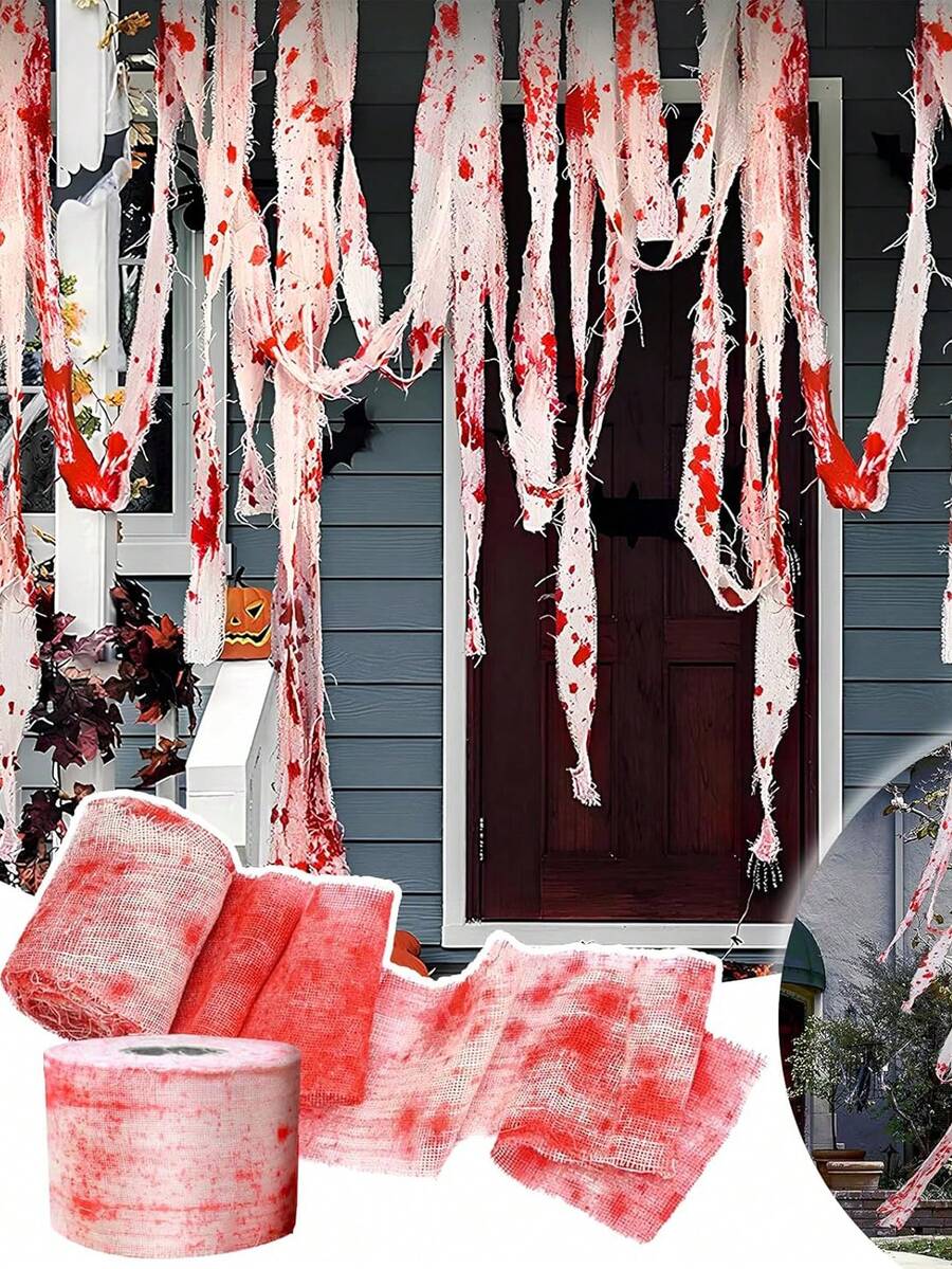 1/2 rollo de tela de vendaje manchada de sangre de Halloween, tela de envoltura sangrienta de terror, gasa manchada de sangre para decoración de Halloween, envoltura de vendaje de momia de Halloween, vendaje de cosplay, tira de sangre de disfraz de terror, adecuado para decoración de Halloween y casa embrujada - Ver 1