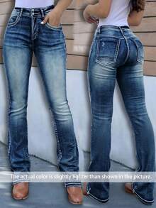 Women's Pantalón Jean De Mujer Fall Clothes For Women With Double Buckle Design Multiple Colors Thanksgiving Outfit Women All Season Wear  Flared - 深色水洗藍 - 查看 5