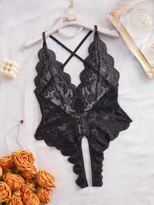 Lingerie Seksi Tanpa Selangkangan Berenda Ukuran Besar, Desain Tanpa Punggung Pas Badan dengan Leher V Dalam Semi-Transparan untuk Wanita Berlekuk, Hadiah Hari Valentine - Hitam - View 8