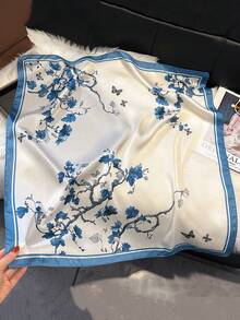 1件 70cm 優雅花卉與蝴蝶印花緞面方巾，中式風格圖案方巾，溫柔頸巾、髮帶、辦公室圍巾 - 彩色 - 查看 2