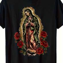 Camisetaólica de Nuestra Señora de Guadalupe - Ropa Religiosa con Rosa Roja y Dorado - Camiseta Unisex de 220GSM - Adecuada para Todas las Temporadas - Negro - Ver 4