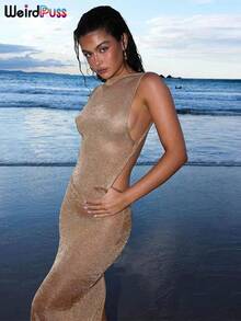Vestido transparente con diseño de gato extraño para mujer, vestido fino sin mangas con purpurina y abertura, ropa para discoteca con espalda descubierta, Vestidos sexys para playa 2024 - Pago - Ver 4