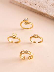 4pcs Fashion Minimalist Stainless Steel Women's Ring Set With Rabbit, Honeycomb, Polygon, Geometric Heart Designs, Suitable For Daily, Holiday, Date, Engagement, Wedding, Party - Gold - View 3