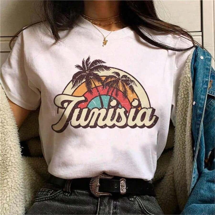 2026 Women's Quality Casual Cotton T-Shirt, Women's T-Shirts With Cartoon And Wine Print, Fun And Fashionable Clothes For Spring Summer, Elegant Women's T-Shirt, Printed T-Shirt For Girls, Unisex Basic T-Shirt - 白色 22 - 查看 1