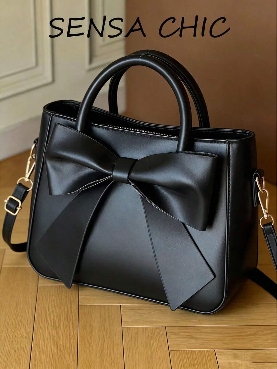 Luxury Bow Decor Handbag - Women's Double Handle Wallet, Fashion Women's Small Faux Leather Crossbody Bag, Women's Valentine's Day Bow Wallet - Black - View 1
