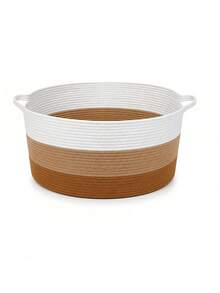 1pc Extra Large Hand-Woven Cotton Rope Laundry Basket, Bohemian Style White Beige Brown Round Striped Design, With Soft Handle, Foldable Large Capacity Clothes Storage Basket, Suitable For Bedroom, Laundry Room, Dorm, All Seasons - Multicolor - View 12