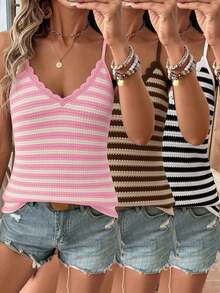 Women's Pineapple Striped Knit Low Elasticity V-Neck Lace Trim Camisole - Black and White + Pink Apricot + Camel Brown - View 1