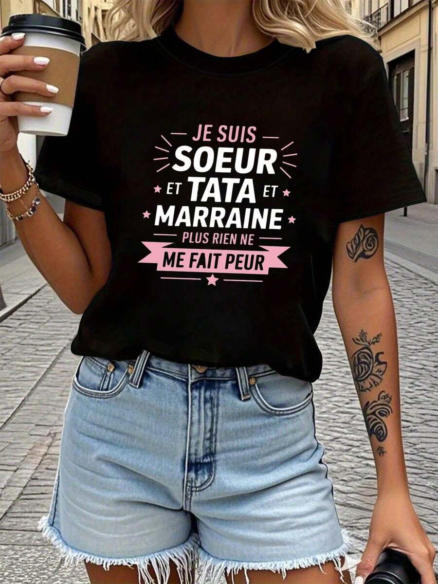 French Sister Aunt Godmother Nothing Scares Me Letter Print Women'S T-Shirt |   Short Sleeve Crew Neck Casual Top For Spring/Summer, Medium Stretch Fa - 彩色 - 查看 1