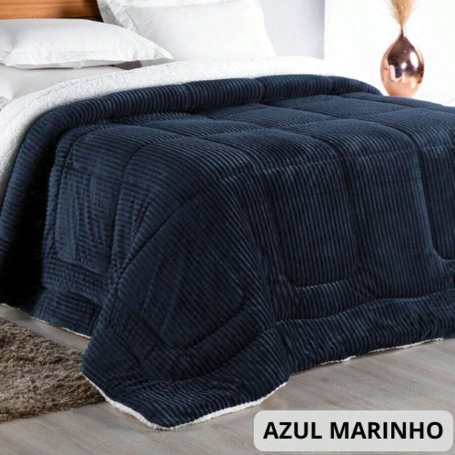 Queen Size Comforter/Duvet, Double-Sided Sherpa Blanket - Navy Blue - View 1