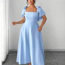 xuehuamaoyi02  Vestido de línea A de longitud media con cuello cuadrado y tirantes con lazo, en color azul cielo, elegante y minimalista, para mujer de talla grande, para uso diario, fiesta, boda y dama de honor - Azul - Ver 10