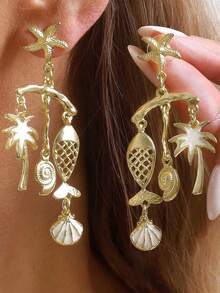 2pcs High Quality Conch Starfish Fish Shell Coconut Tree Bohemian Style Multicolor Metal Women Earrings, Suitable For Daily Commute, Party, Beach Vacation - Multicolor - View 1
