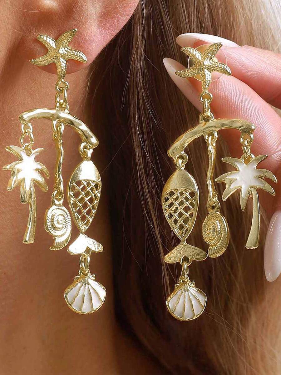 2pcs High Quality Conch Starfish Fish Shell Coconut Tree Bohemian Style Multicolor Metal Women Earrings, Suitable For Daily Commute, Party, Beach Vacation - Multicolor - View 1