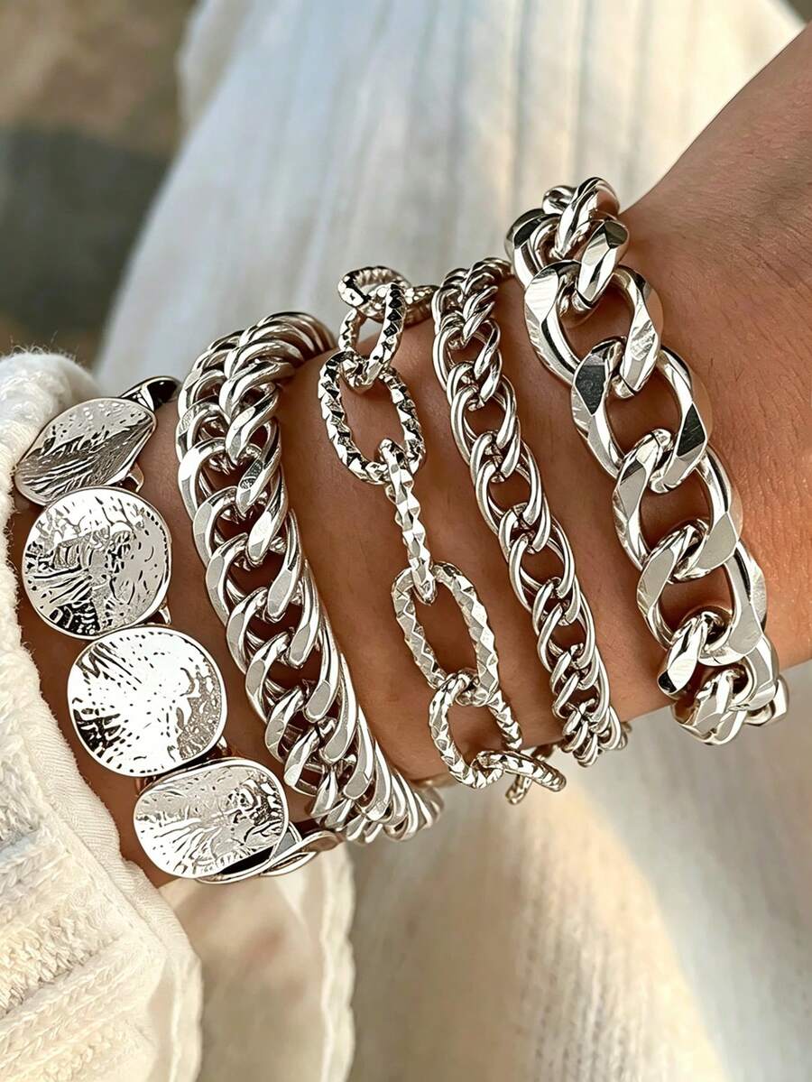 5pcs/4pcs/1pc Vintage Elegant Bohemian Vacation Style Women's Silver Chunky Chain Bracelet And Round Disc Elastic Bangle, Suitable For Daily Wear, Gatherings, Parties, Vacation Season, Beach Holiday And Travel - Silver - View 1