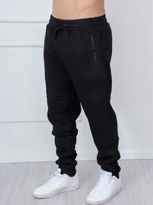 2-Piece Set Of Men's Fleece-Lined Sweatpants / Zippered Pockets / Elastic Waistband, Available In 3 Random Colors. - 黑色 - 查看 4