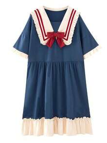 Women Midi Dresses - Azure Blue Peter Pan Collar Nightgown - View 4
