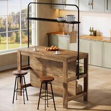 LITTLE TREE Solid Wood Kitchen Island With Storage, 47-Inch Farmhouse Stationary Island Table With 5 Hooks And Seating, Counter Height Bar Table For Dining Room, Kitchen, Rustic Brown - 鏽棕色 - 查看 1
