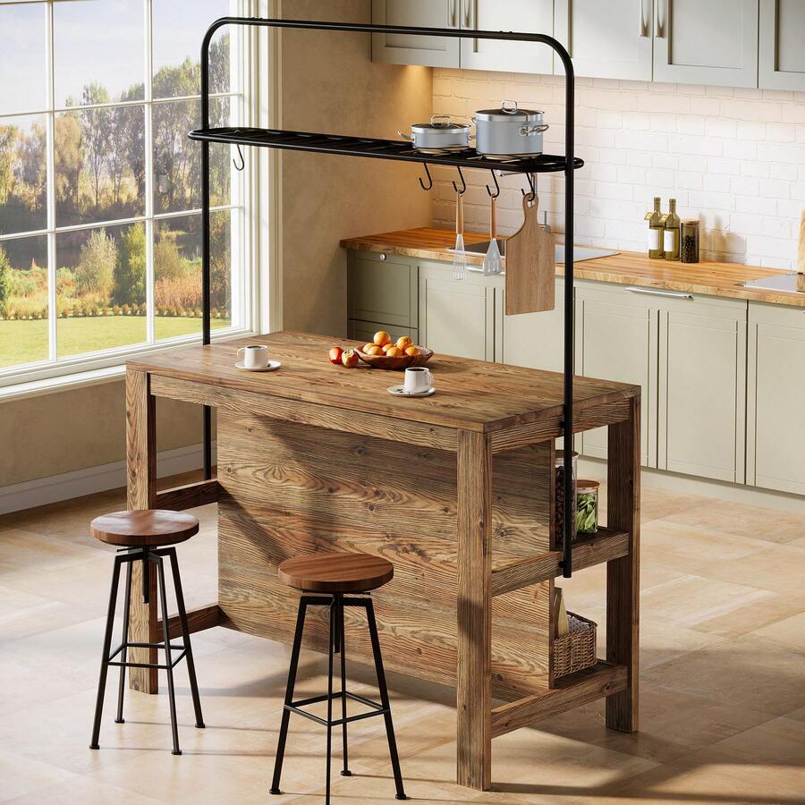LITTLE TREE Solid Wood Kitchen Island With Storage, 47-Inch Farmhouse Stationary Island Table With 5 Hooks And Seating, Counter Height Bar Table For Dining Room, Kitchen, Rustic Brown - 鏽棕色 - 查看 1
