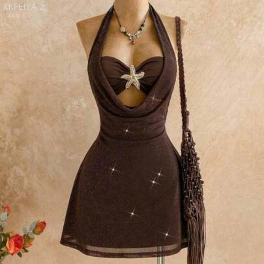 Soqi Women's Clothing Vestido elegante y ajustado de estilo vintage para mujer, cómodo y versátil, adecuado para salidas de primavera - Marrón - Ver 1