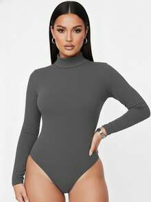 Women's Bodysuit With High Neck And Long Sleeves - Grey - View 12