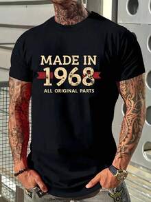 Camiseta para hombre de 180g de 100% algodón con estampado vintage dorado "1968", cuello redondo transpirable y cómodo, diseño retro de streetwear americano moderno, camiseta casual de verano con gráfico numérico artístico para atuendos diarios contemporáneos y looks de moda urbana - Negro - Ver 6
