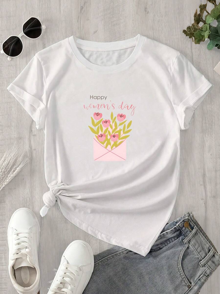 Jersey rosa de manga corta y cuello redondo para mujer, con estampado floral y mensaje "Feliz Día de la Mujer", apto para todas las estaciones. - Blanco - Ver 1