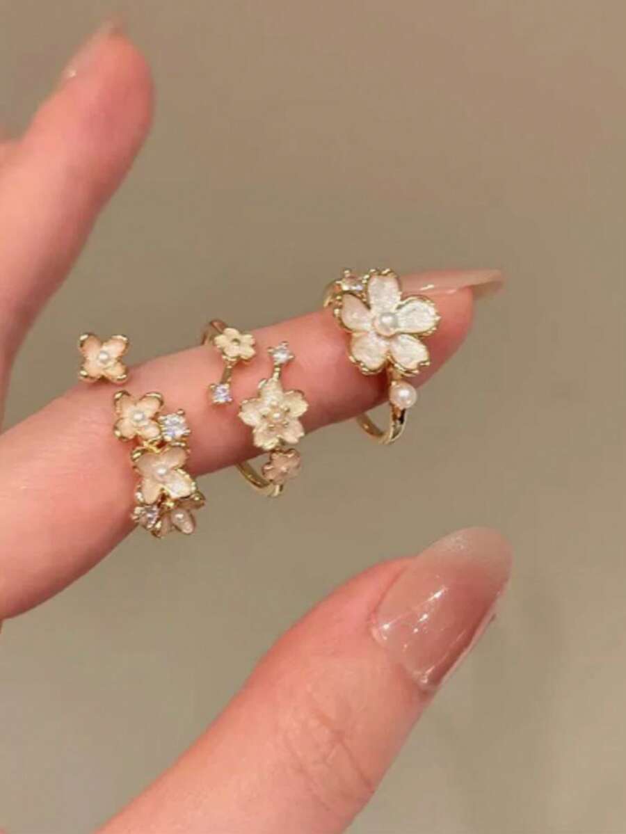 Juego de 3 piezas/Set de Anillos Ajustables con Lazo y Perla Minimalista, Joyería Apilable Exquisita, Regalo de Halloween para Novia y Hermanas - Multicolor 2 - Ver 1