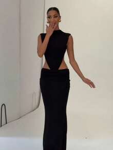 Y2K Sexy Side Cutout Mock Neck Sleeveless Ruched Waist Mermaid Maxi Dress For Club Parties & Formal Events - Negro - Ver 7