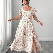 yonghongmaoyi1  Vestido de verano elegante y estilizador para mujer de talla grande con cuello cuadrado francés, mangas con volantes, abertura en el bajo, adecuado para uso casual, vacaciones ligeras, ocasiones sociales, fiestas de cóctel y citas - Azul - Ver 7