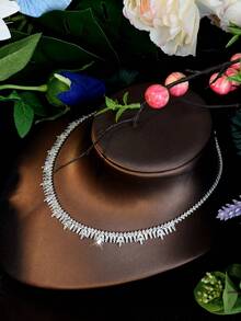 1 Set de 4 Piezas de Joyería Artesanal Pesada con Circonita en Forma de Marquise y Abanico / Accesorios para Vestido de Novia, Vestido de Boda, Vestido de Brindis y Vestido de Noche - Plateado - Ver 5