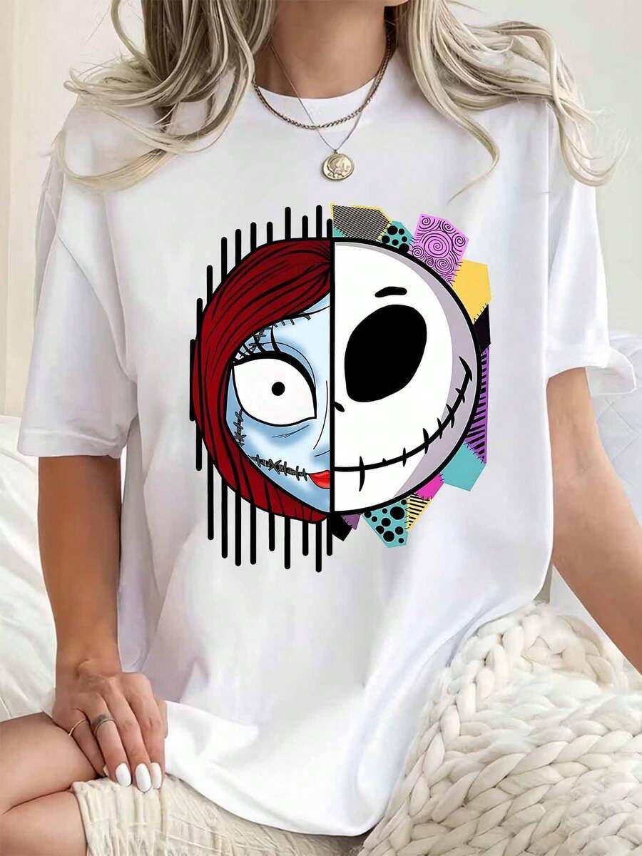 Disney Women Round Neck T Shirt Jack Skellington And Sally Print Halloween Costume Party 220g - 白色 - 查看 1