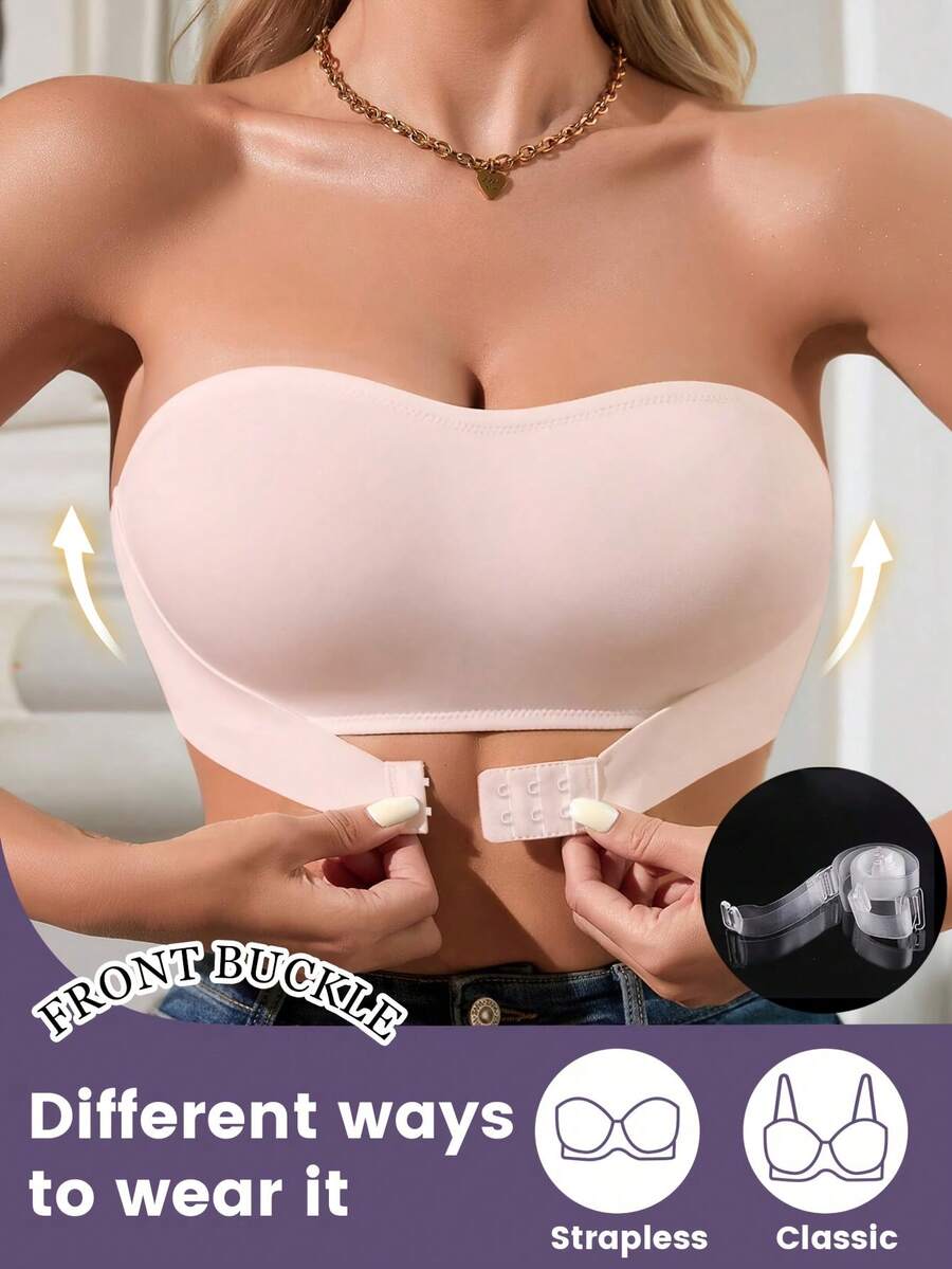 Women Invisible Strapless Push Up Bra Front Closure Convertible Bandeau W/ Clear Straps - Pink - View 1